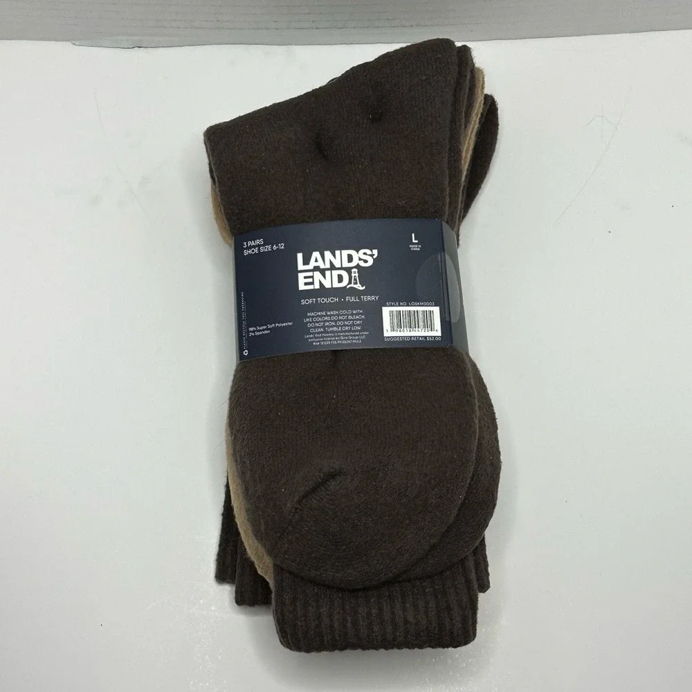 NWT Lands' End Men's Soft Touch Boot Socks 3 Pack Full Terry Sz Lg Brown &‎ Tan